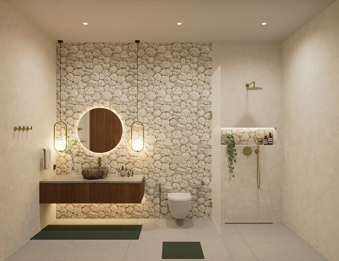 Natural stone, wood and plaster material palette chosen for Bali's climate