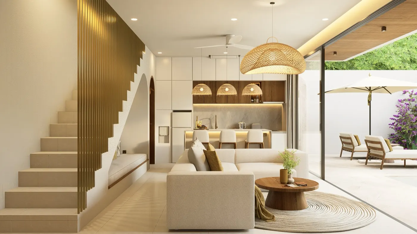 An indoor-outdoor living space that opens fully onto its terrace