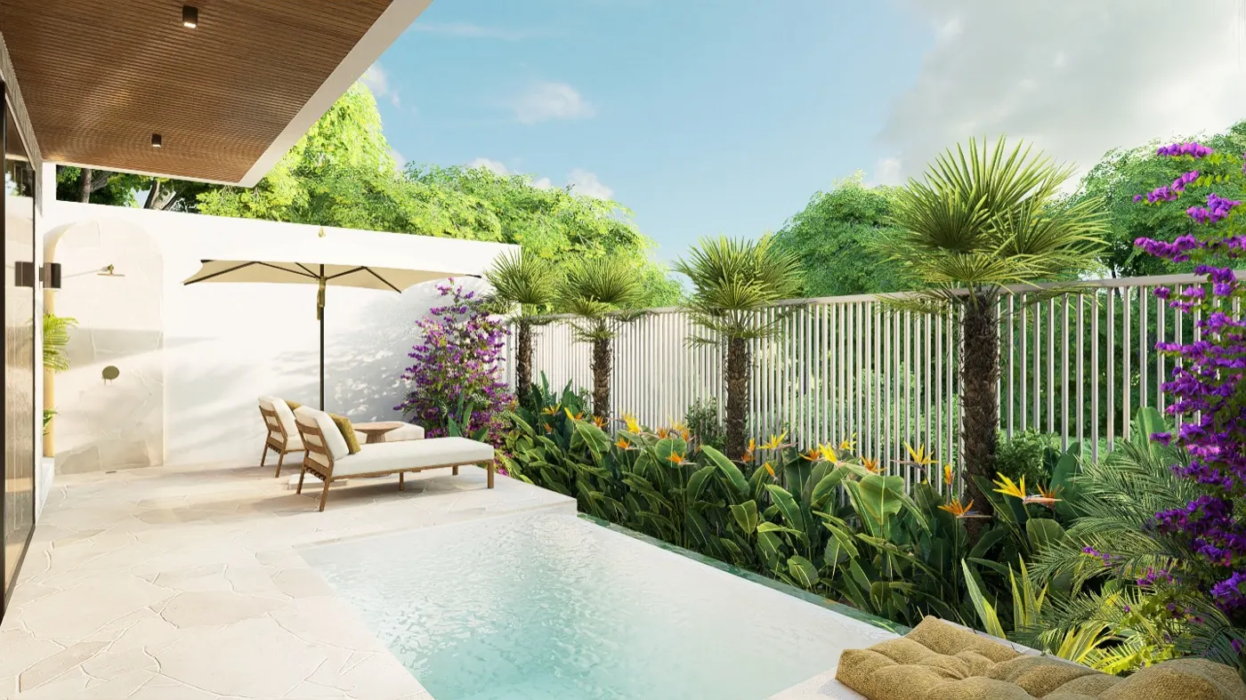 A private, walled pool terrace screened from the neighbouring villa